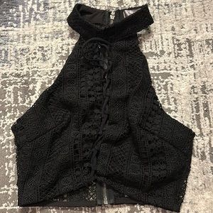 Black zipper back crop top lace up